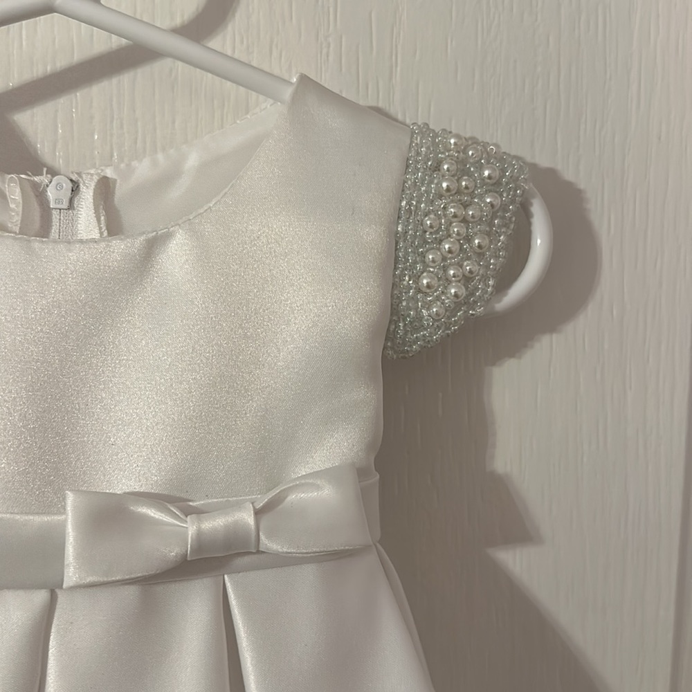 Petite Adele White Satiny Pearl Dress (Size 6 months)